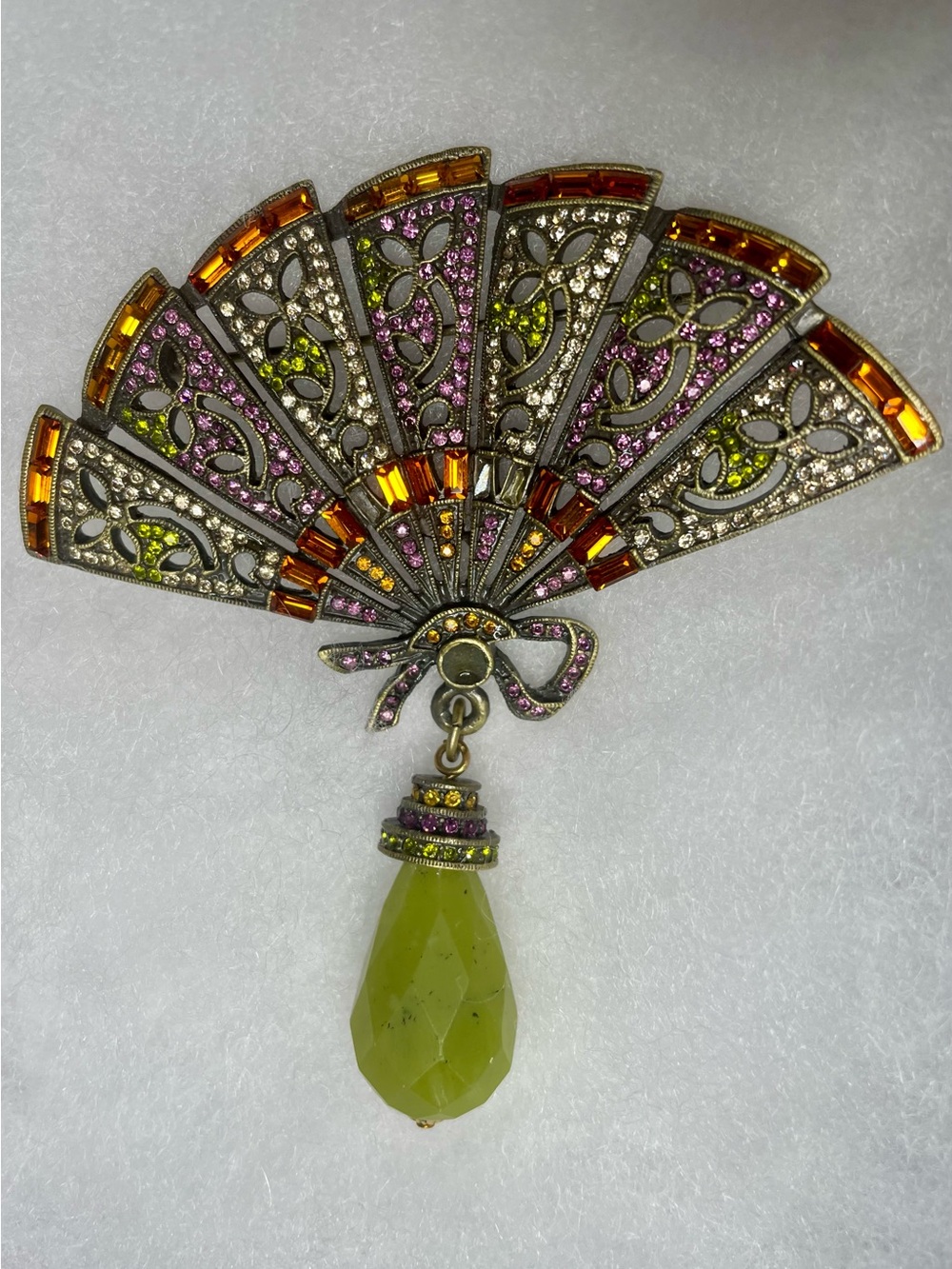 Heidi Daus Vintage Fan Brooch Crystals Pin Green Purple Rust Pave Broach FLAWs